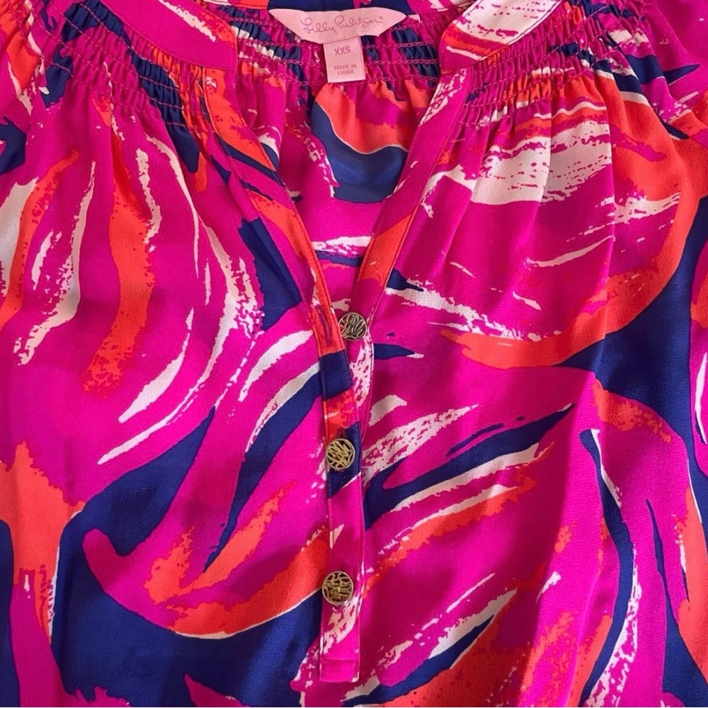 Lilly Pulitzer Fuchsia Pink, Orange & Navy Abstract Print Blouse